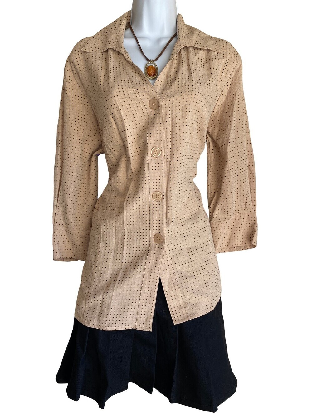 Vintage Notations Plus 1X Beige Check Button Up Tunic Blouse Minimalist Office